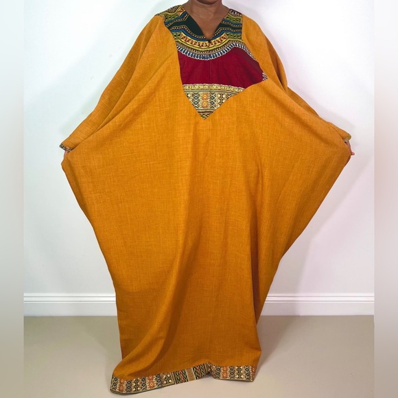 Handmade Burnt Yellow Dashiki Detail Maxi Kaftan Oversized Dress - Picture 2 of 12